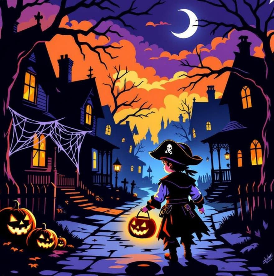 Kids Trick-or-Treating in a Spooky Dark Neighborhood