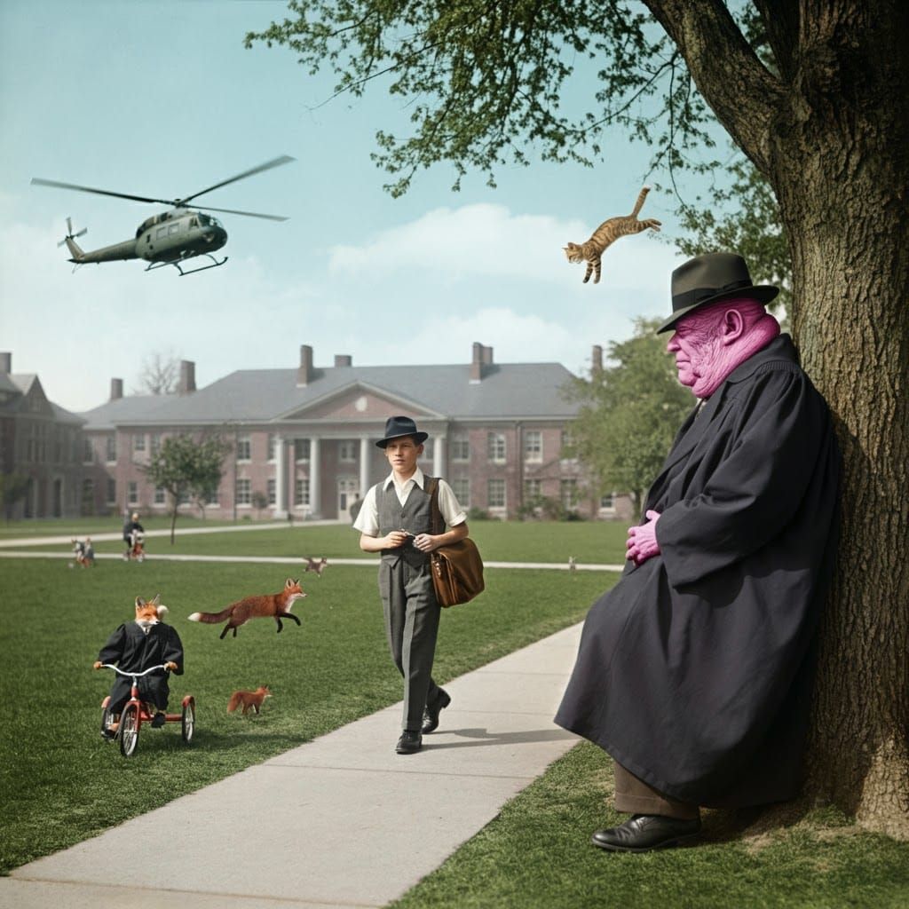 Absurdist University Scene with Foxes and Alien