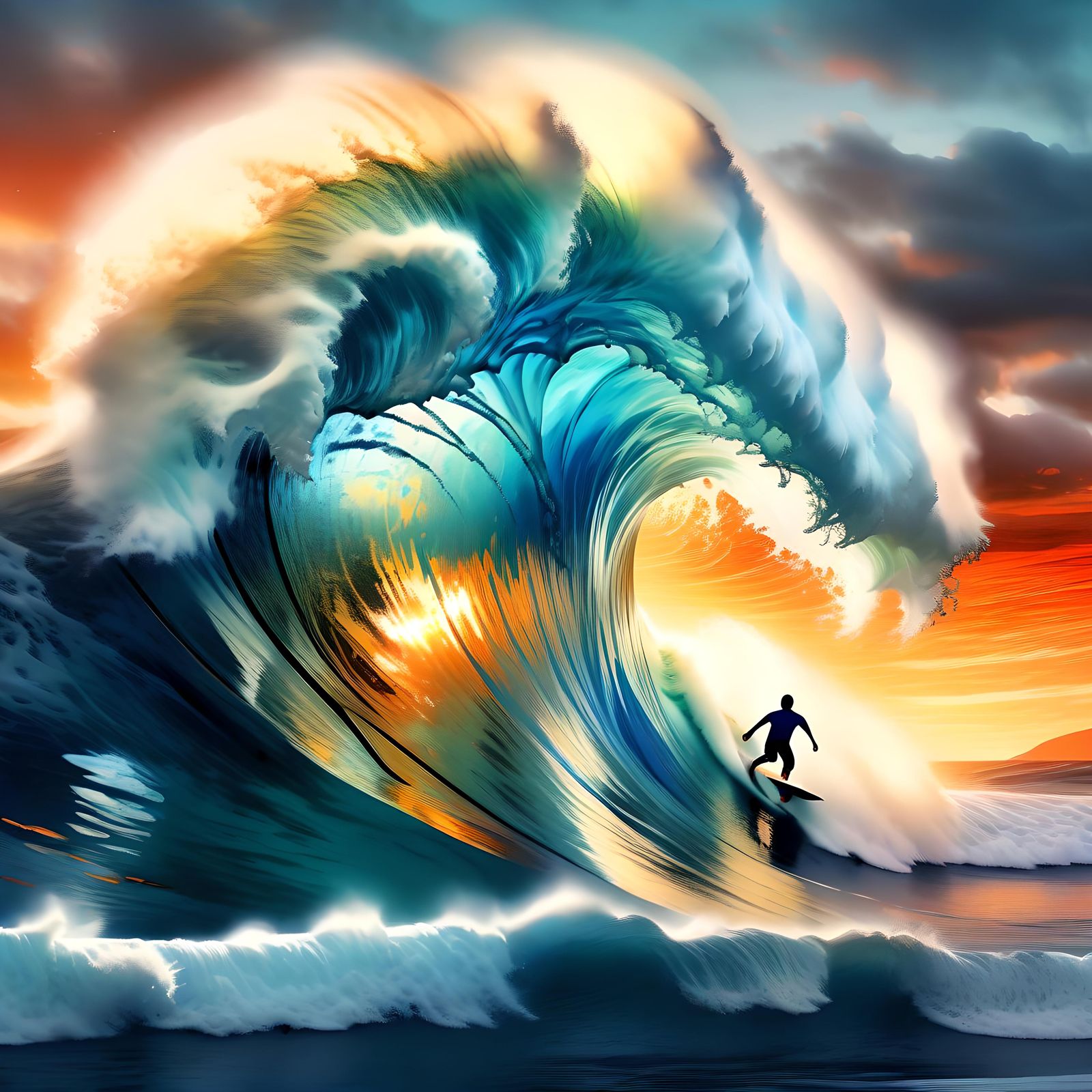 Enormous Surf Waves at Sunset in Watercolour Style
