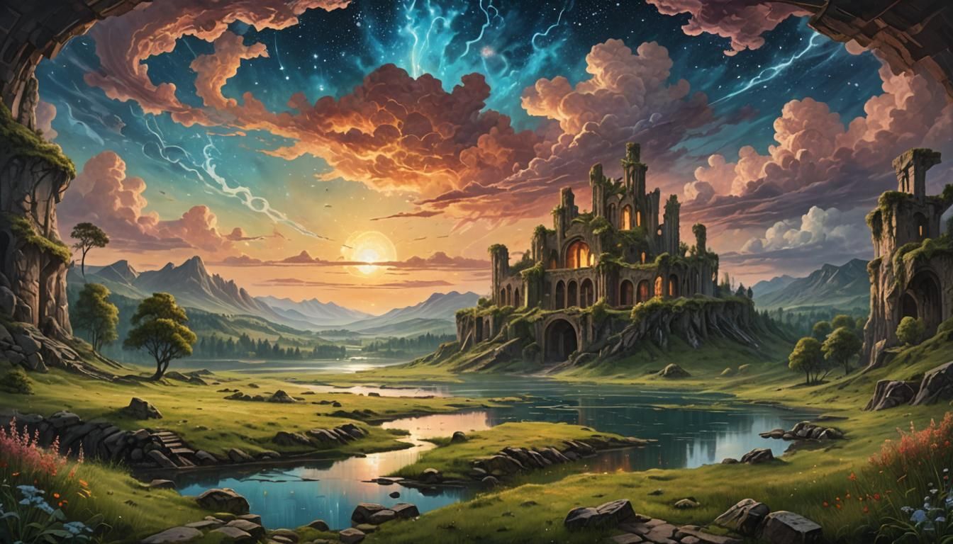 Dystopian Arena: Meadow and Forest Oil Painting