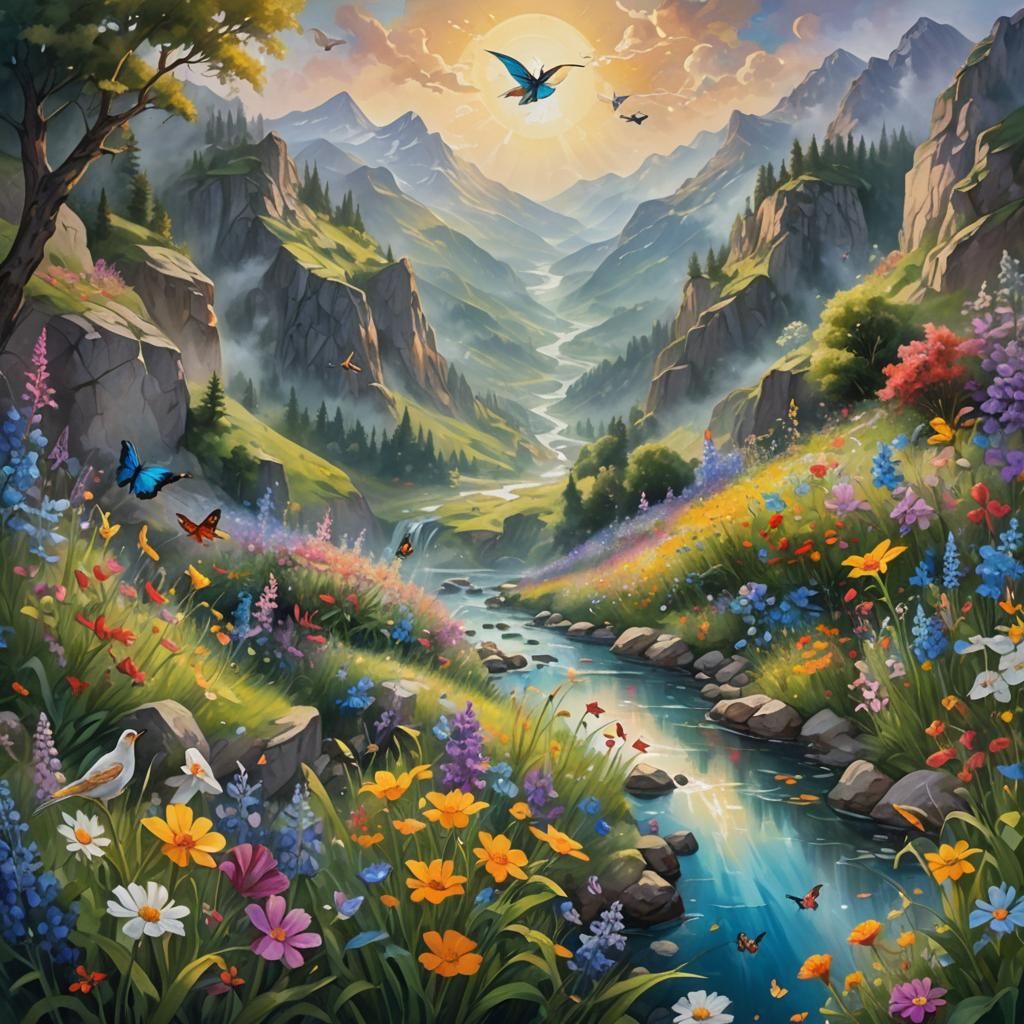Lush Mountain River Landscape in Dreamlike Oil Painting Styl...