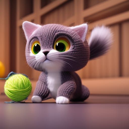 Cute Yarn Cat Plays with Yarn Ball