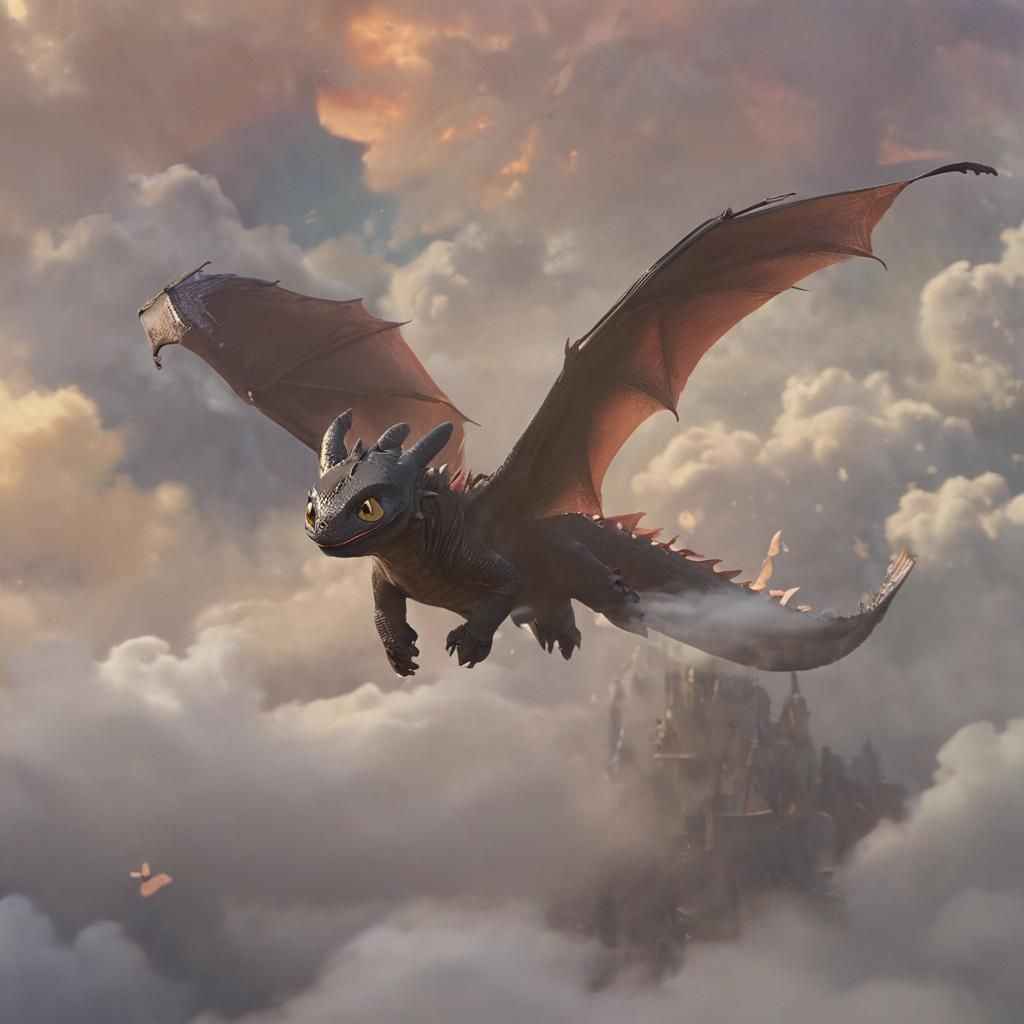 Toothless in Ethereal Flight, Softly Lit by Golden Mist