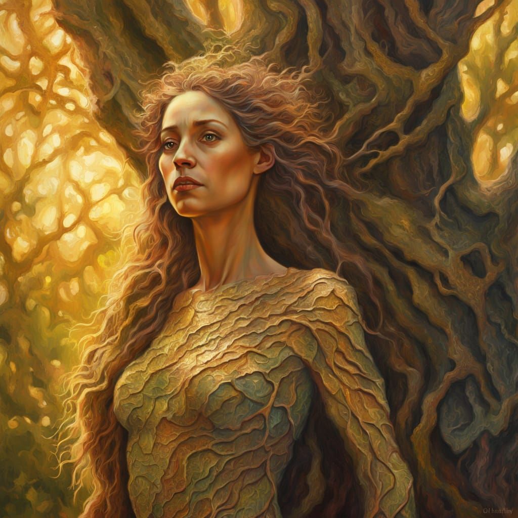 Whimsical Forest Goddess with Intricate Tree Bark Skin