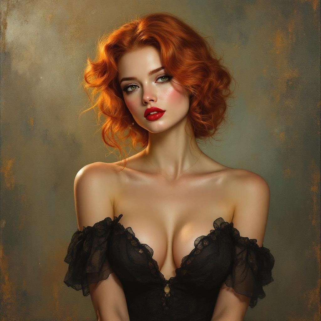 Redhead Pin-Up in Alphonse Mucha and Waterhouse Style