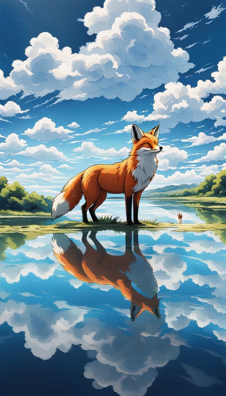 Fox Gazing at Sky Reflected in Water: Anime Style