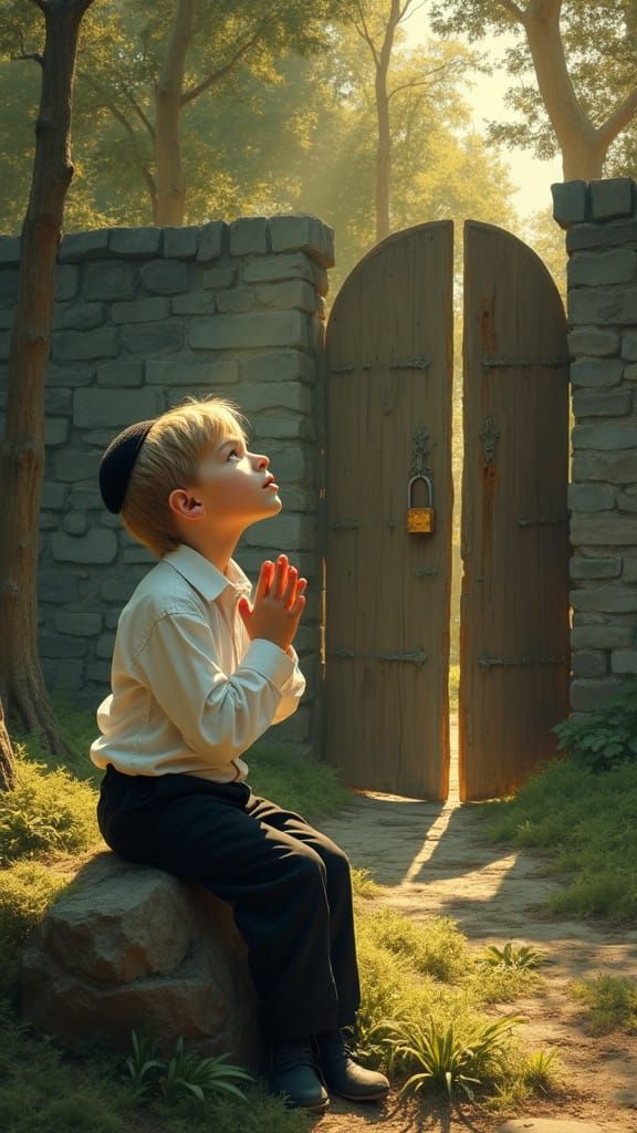 A Young Boy in Hasidic Attire Seeks Spiritual Connection in ...