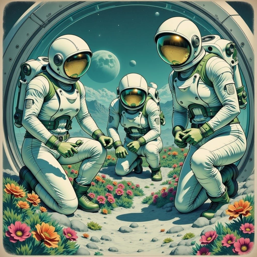 Astronauts Nurturing Lunar Garden in Futuristic Style