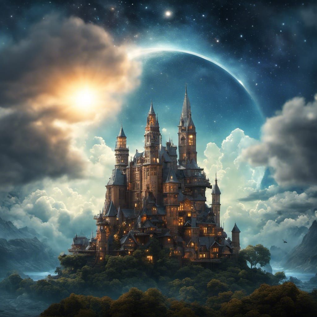 Papercraft City in Cloudy Starry Sky: Photorealistic 3D Rend...