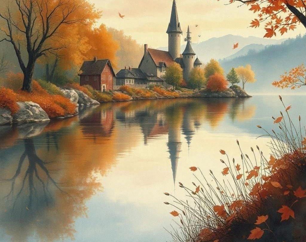 Autumn Reflections: Watercolor Fantasy Landscape