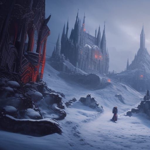 Footprints in Snow Lead to Church: Detailed Matte Painting