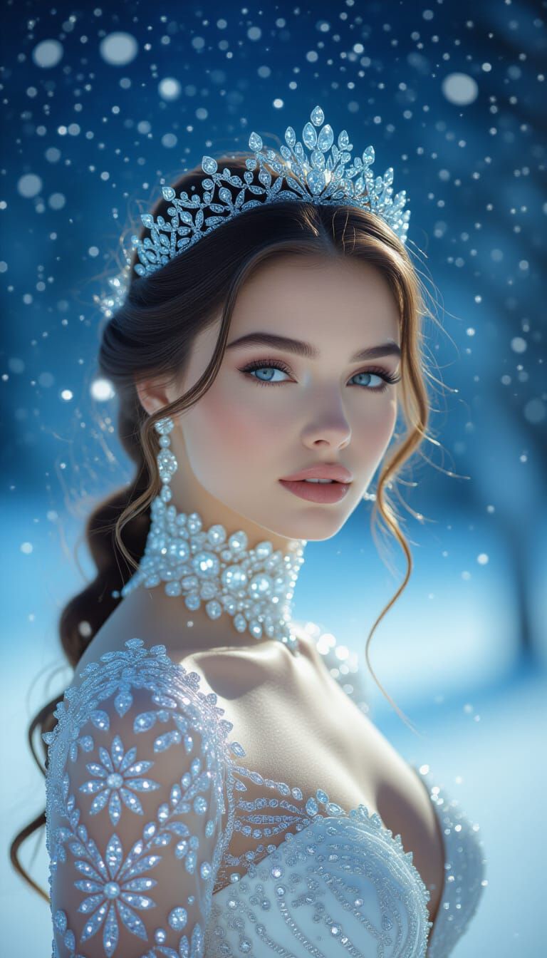 Diamond Woman Emerges in Starry Winter Forest