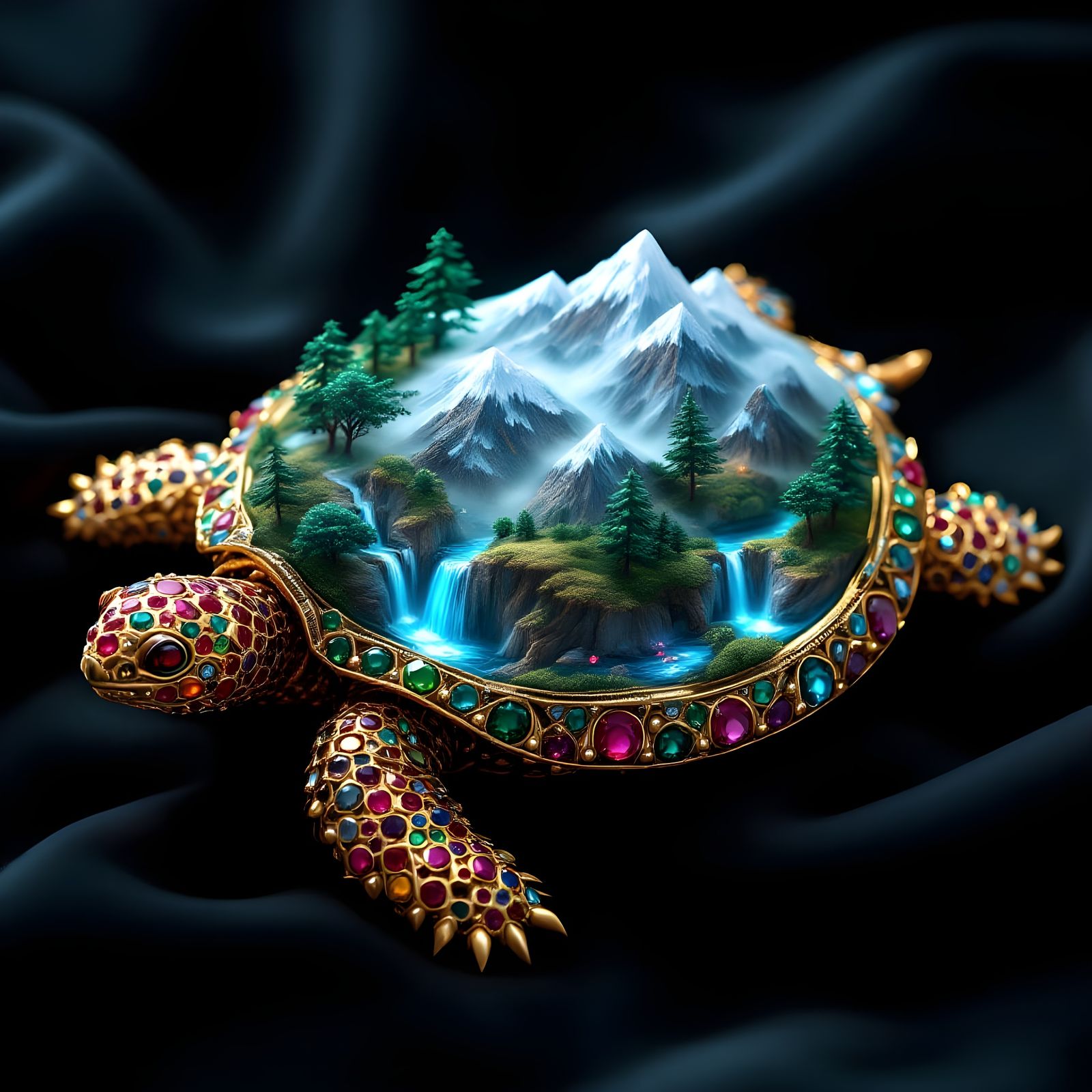 Luxurious Tortoise Brooch in Majestic Mountain Scene