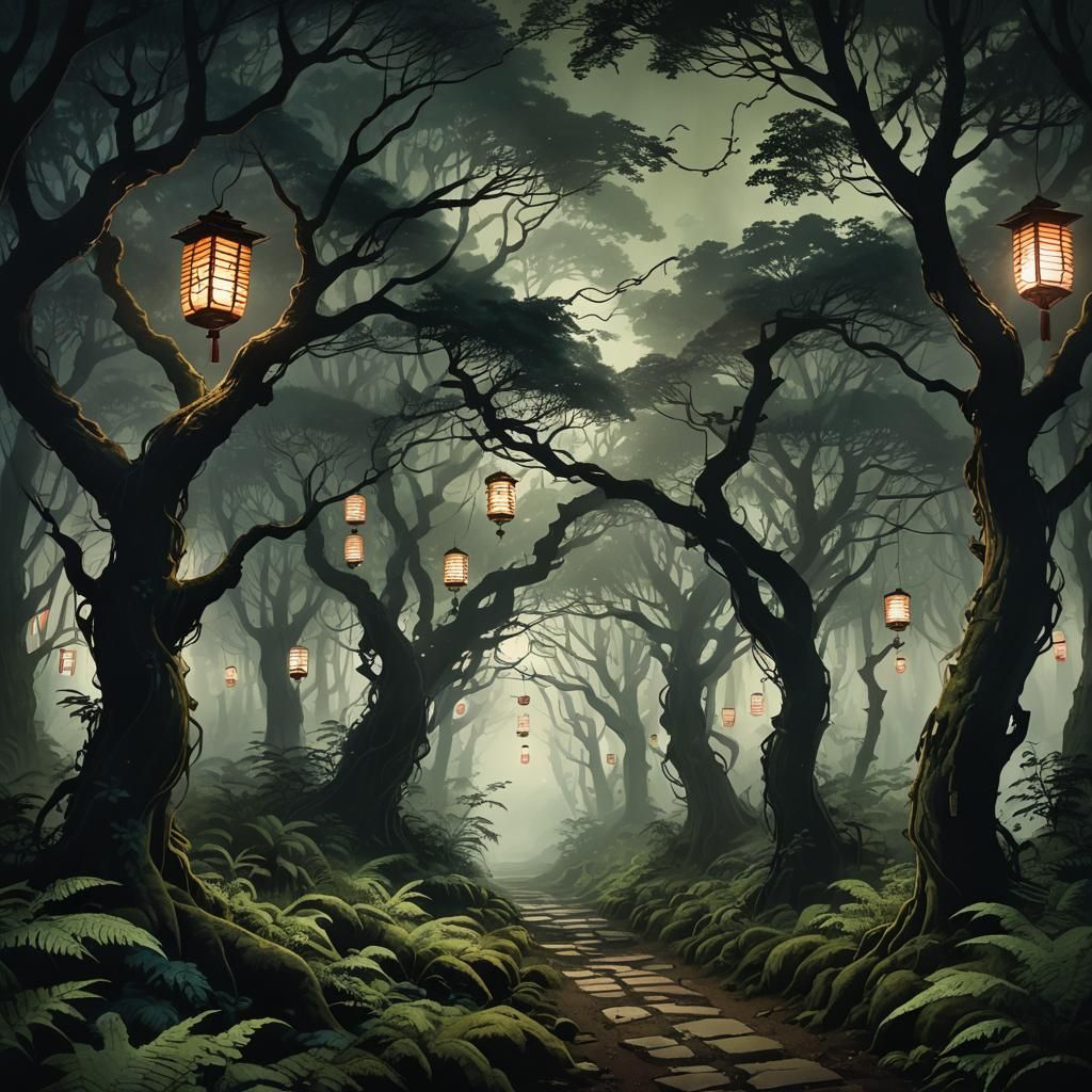 Misty Moonlit Forest Path in Anime Watercolor Style