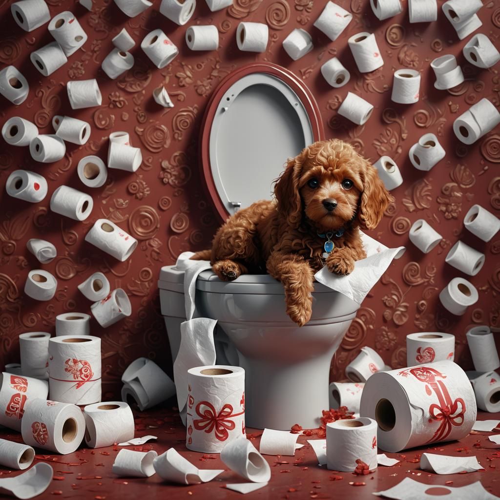 Cute Red Cavapoo with Toilet Paper Art