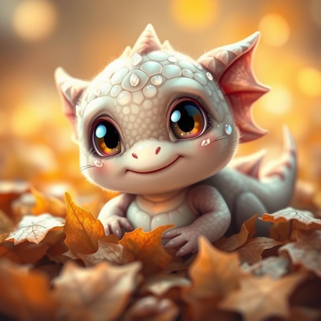 Adorable Dragon Hatchling in Autumn Leaves
