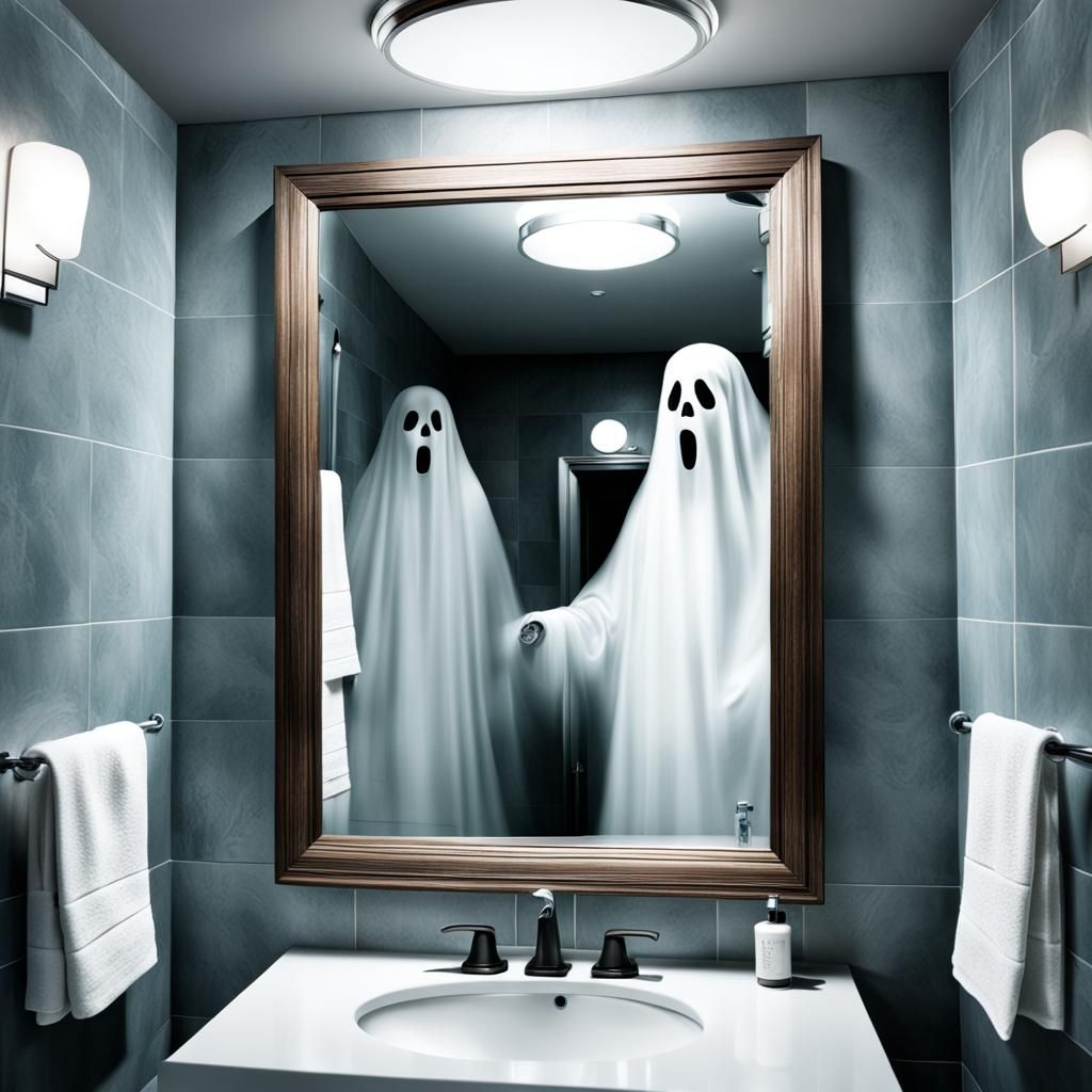 Ethereal Ghostly Apparition in Bathroom Mirror