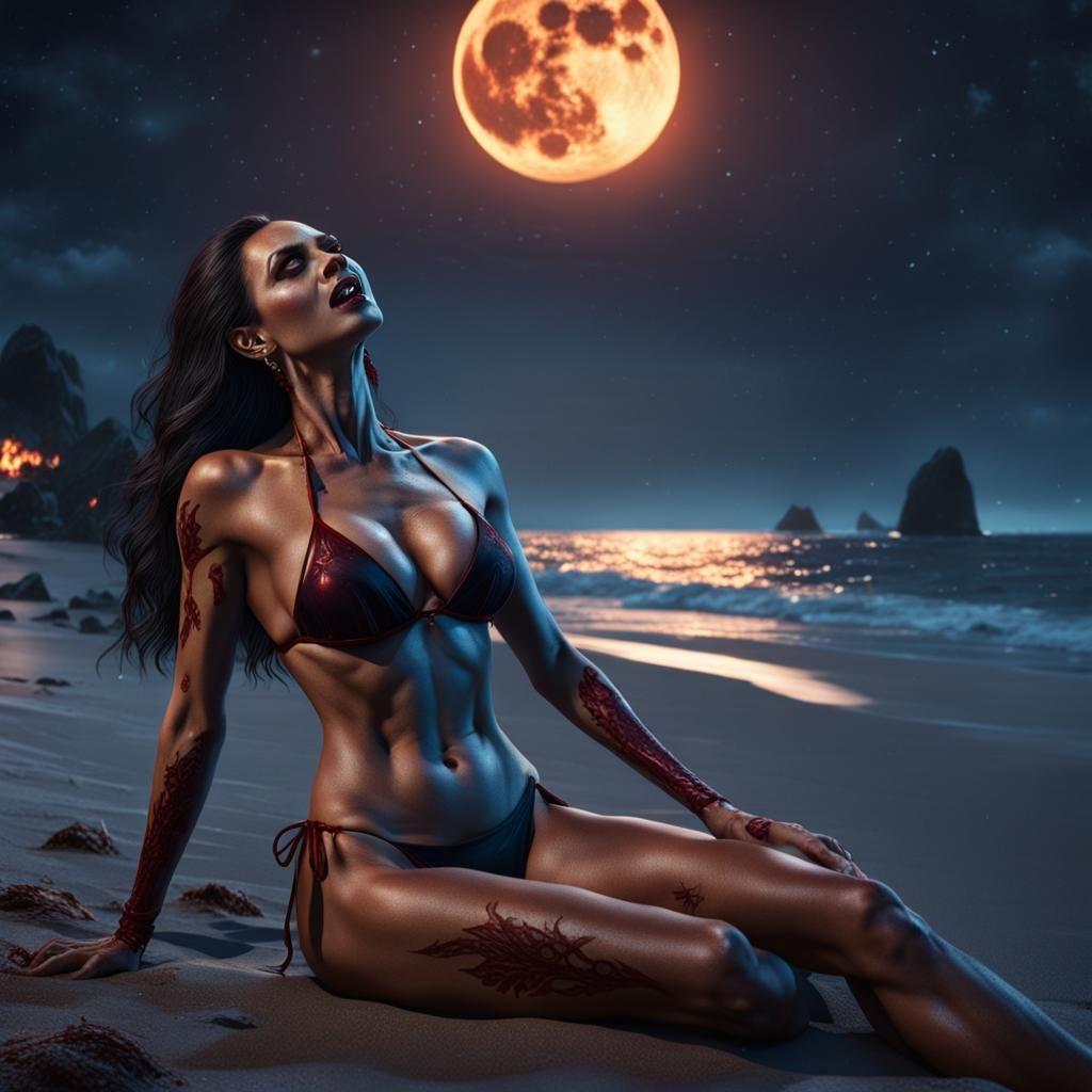 Vampire Sunbathing on Night Beach: Detailed Matte Painting