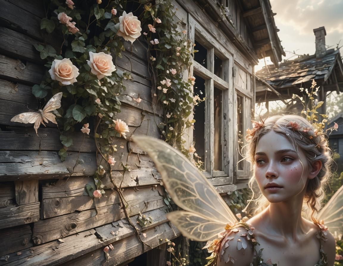 Glowing Fairy in Ruined House: Digital Art