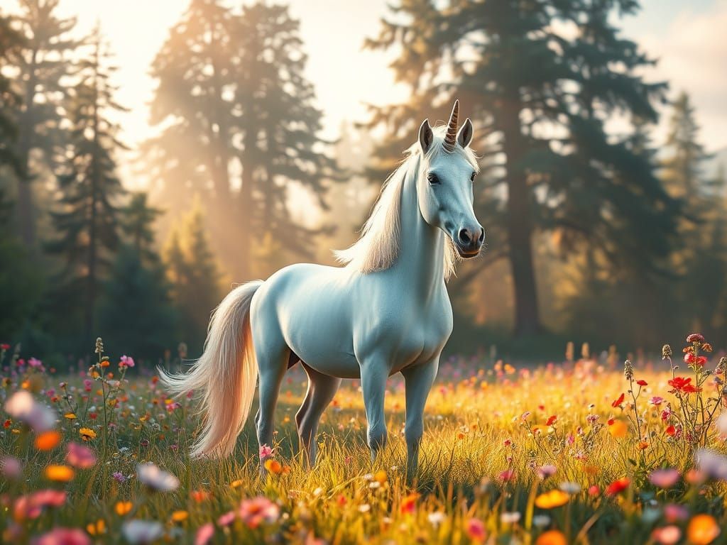 A realistic unicorn stands in a lush