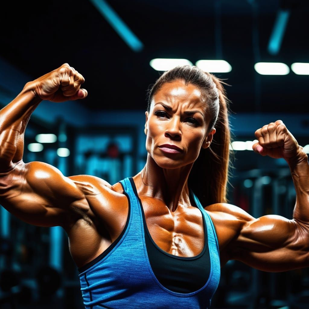 Female Bodybuilder Flexing Biceps in Gym