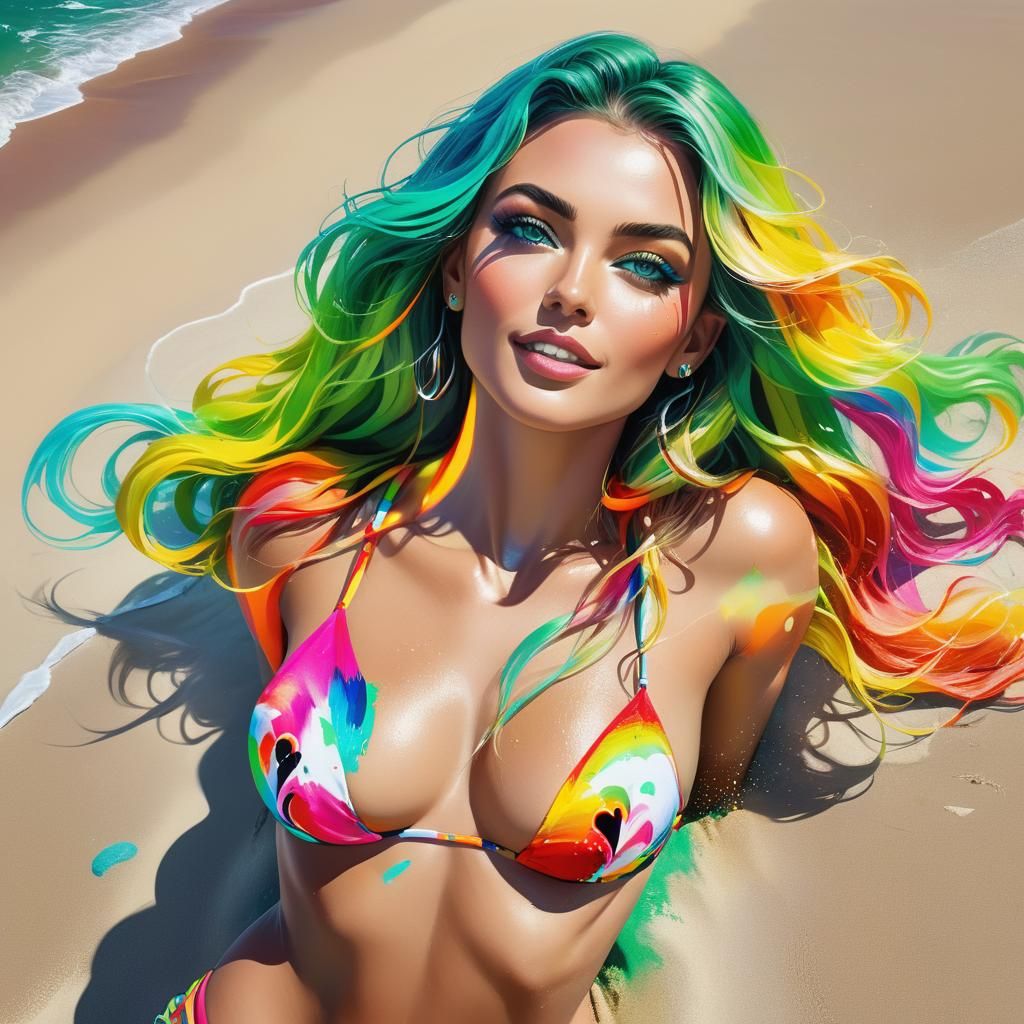 Spark Poses on Sunny Beach as Oil Painting