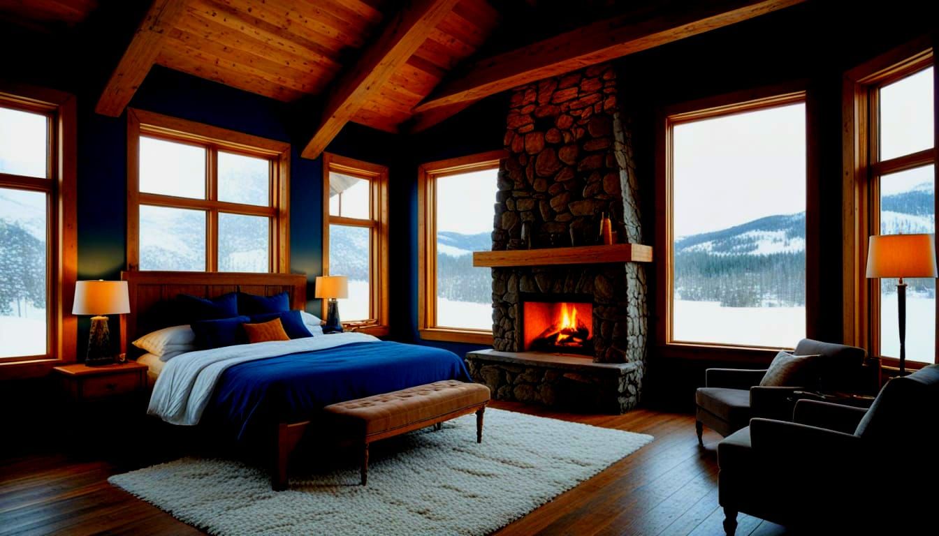 Rustic Master Suite with Snowy Winter View