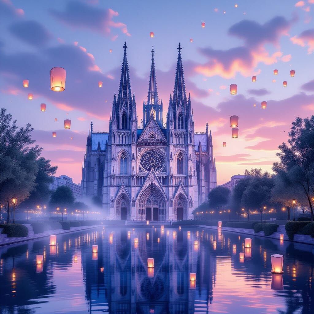 Glass Gothic Cathedral Reflecting Pastel Sunset
