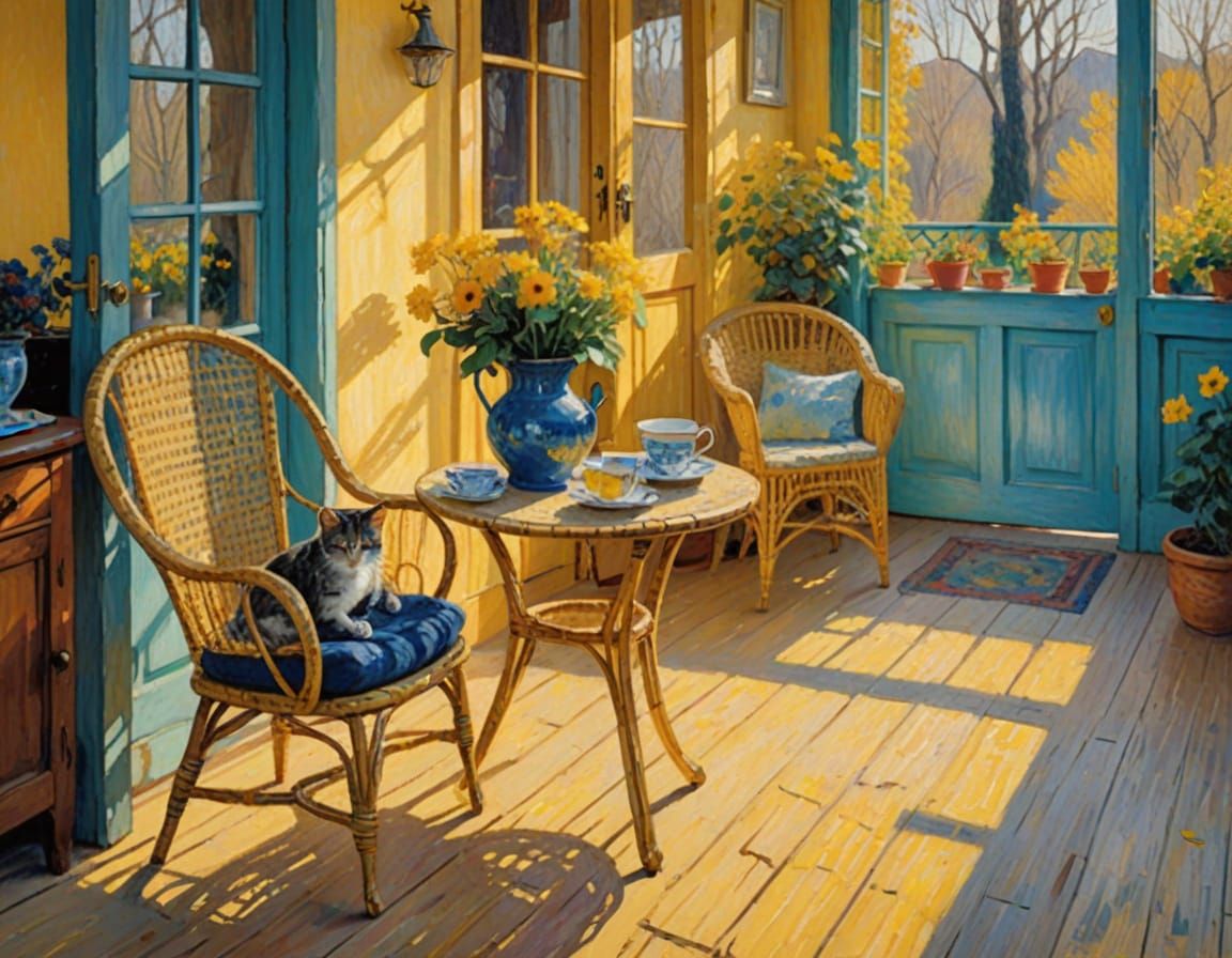 Sunlit Spring Morning Cats on Rustic Veranda