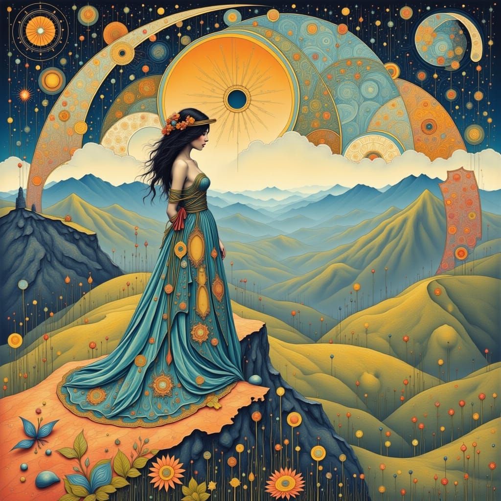 Woman on Cliff in Art Nouveau Style