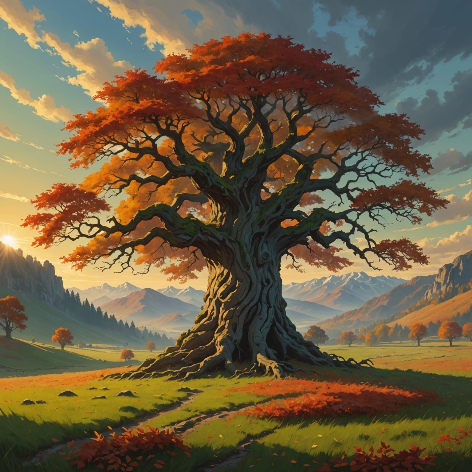 Majestic Ancient Tree in Autumnal Field: Digital Painting