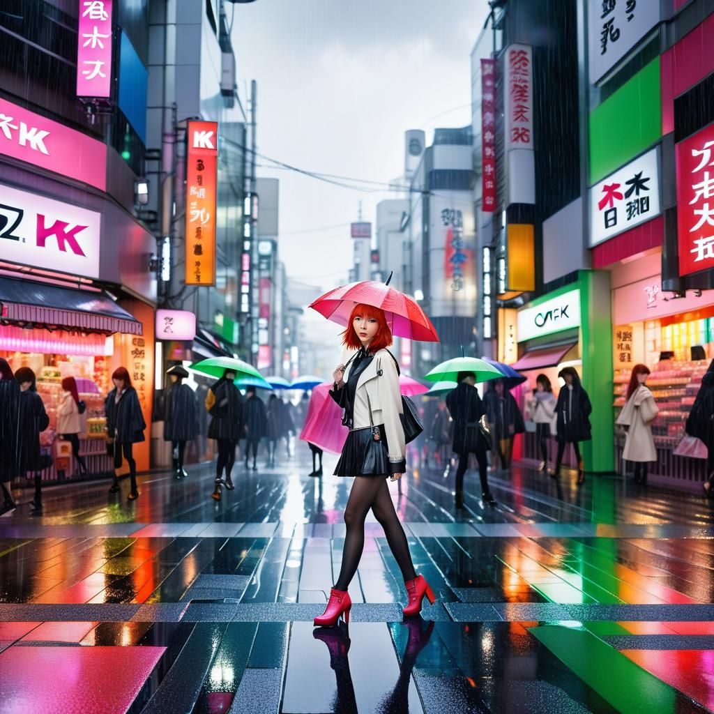Anime Girl Shops in Rainy Shibuya: Studio Trigger Style