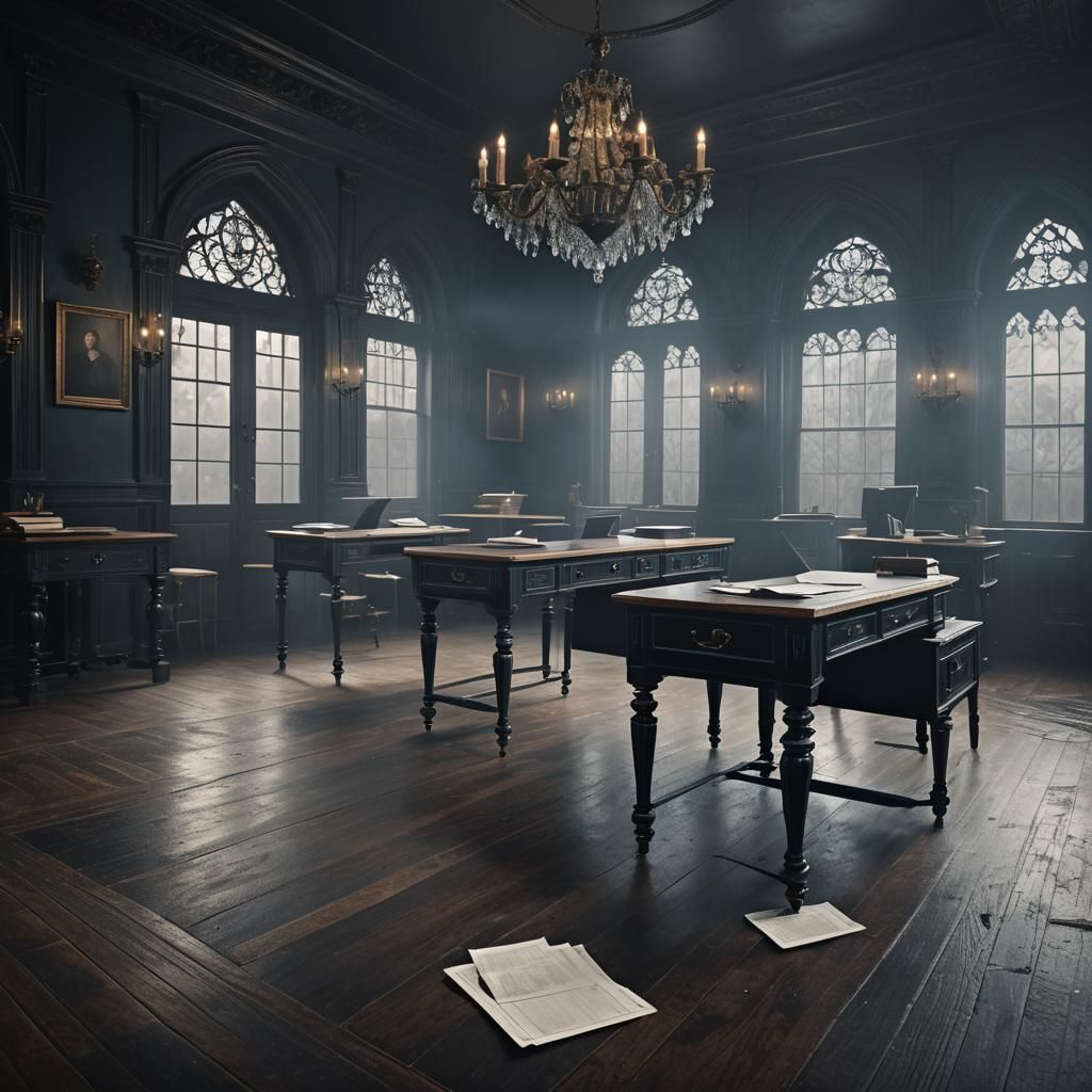 Antique Desk in Gothic Classroom: Detailed Matte Painting