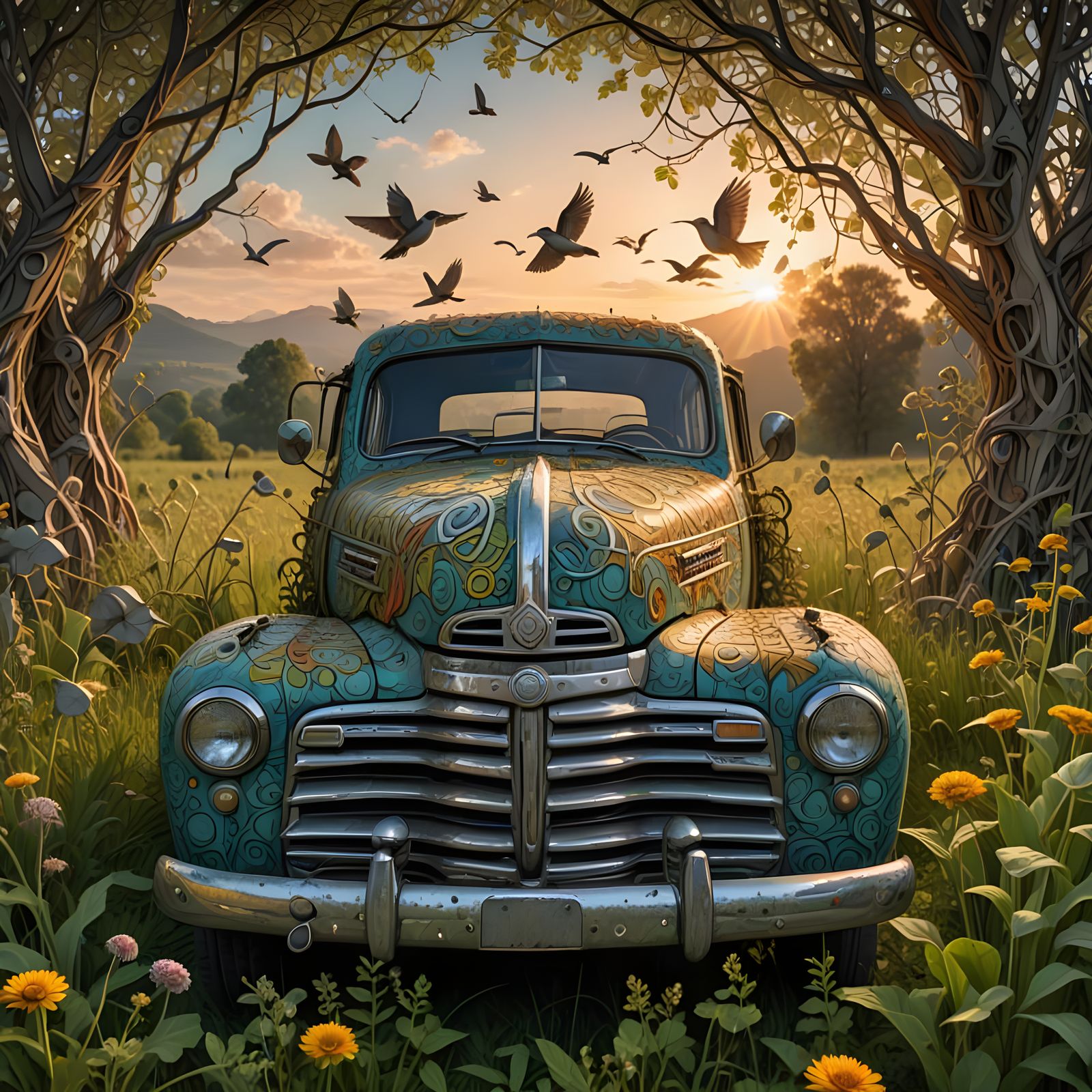 Surreal Abandoned Farm Truck in Vibrant Oil Painting