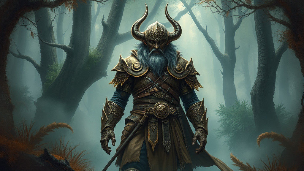 Fantasy Warrior Ralhyuh in Mystical Forest Painting