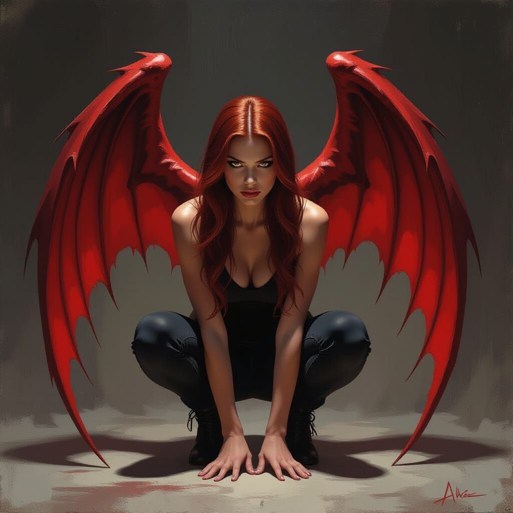 Demonic Figure with Red Wings in Pen-and-Ink Style