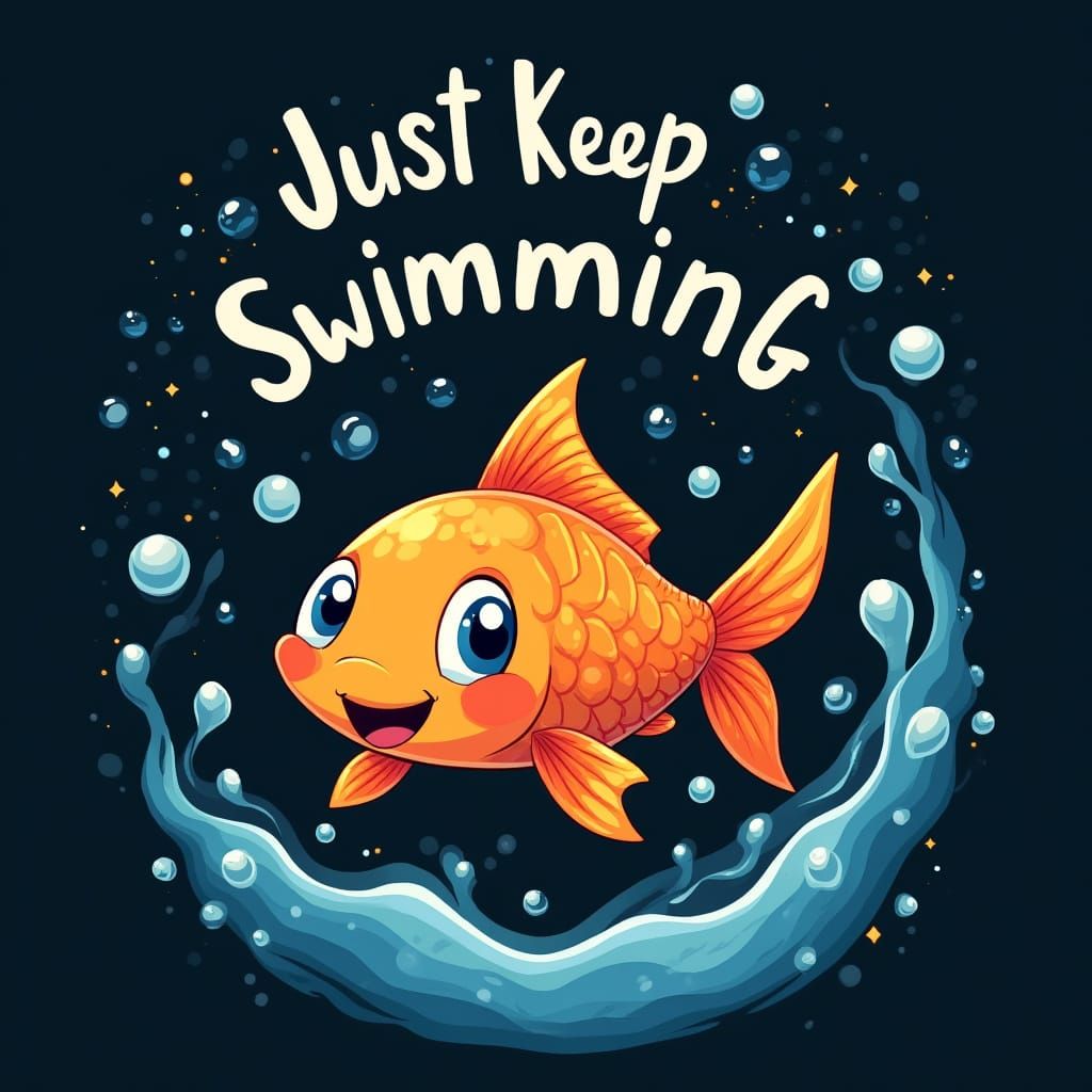 Vibrant Cartoon Fish Swims Upwards in a Field of Blue Water ...