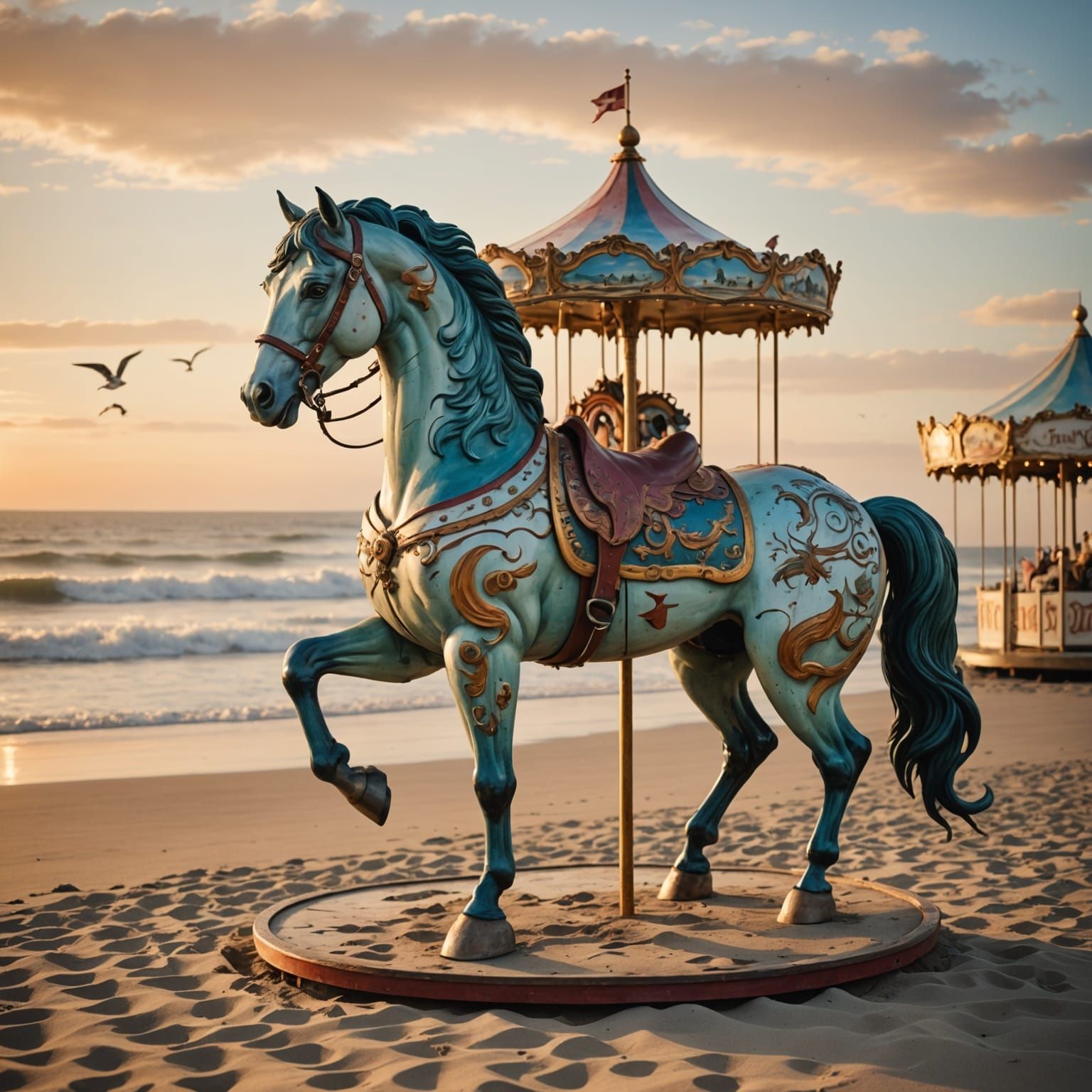 Carousel Horse on Deserted Beach at Sunset