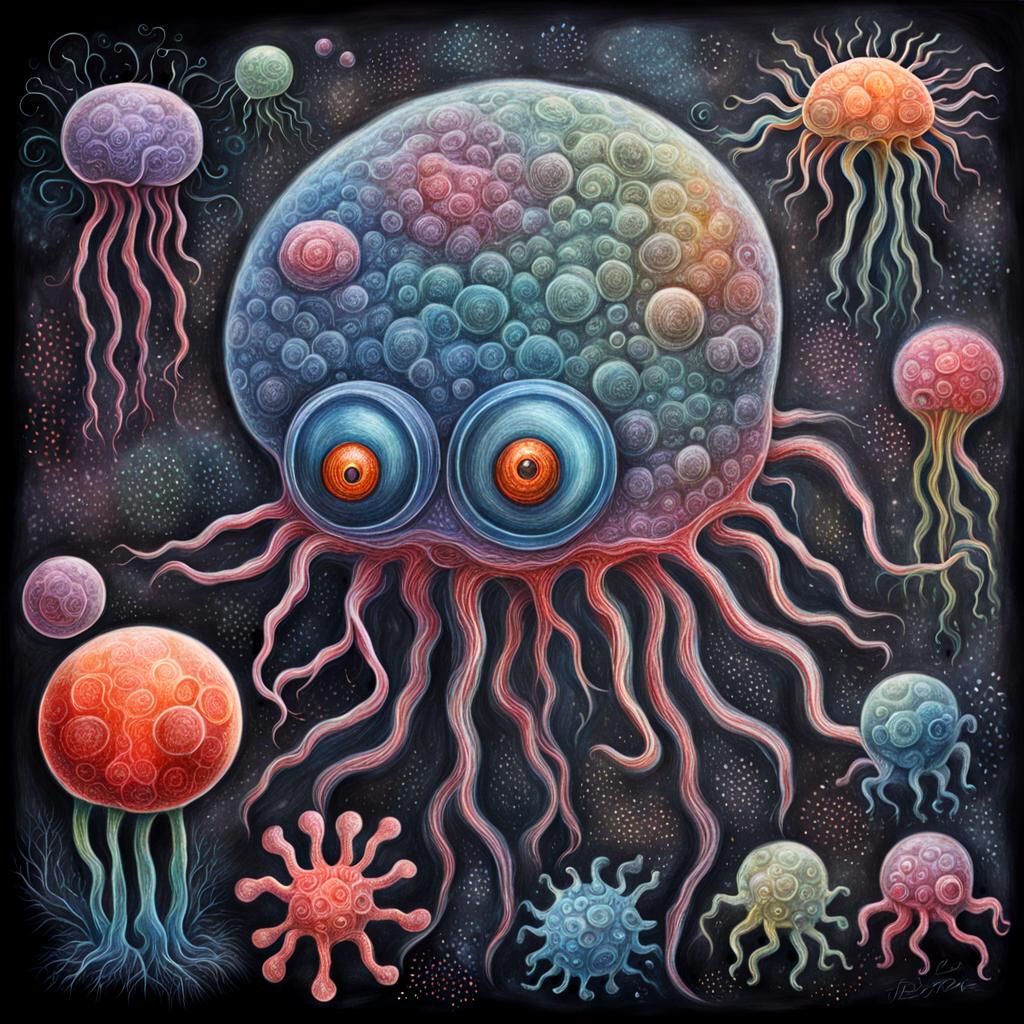 Surreal Amoebas in Detailed Chalk Drawing