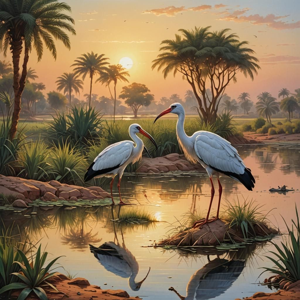 Ibises on the Nile at Sunrise: Romantic Oil Painting