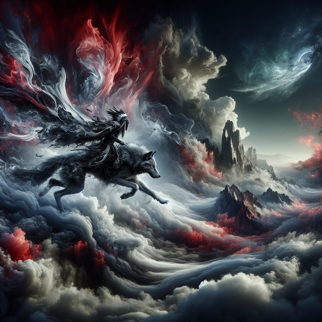 Native American Mystic Soars on a Wolf Through an Ethereal D...