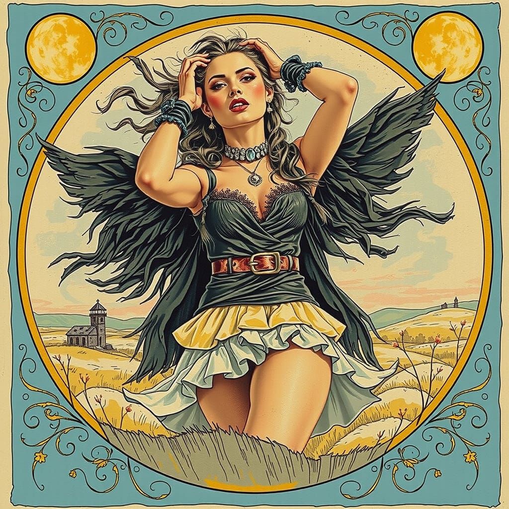 Glamorous Woman on Windswept Moor at Twilight