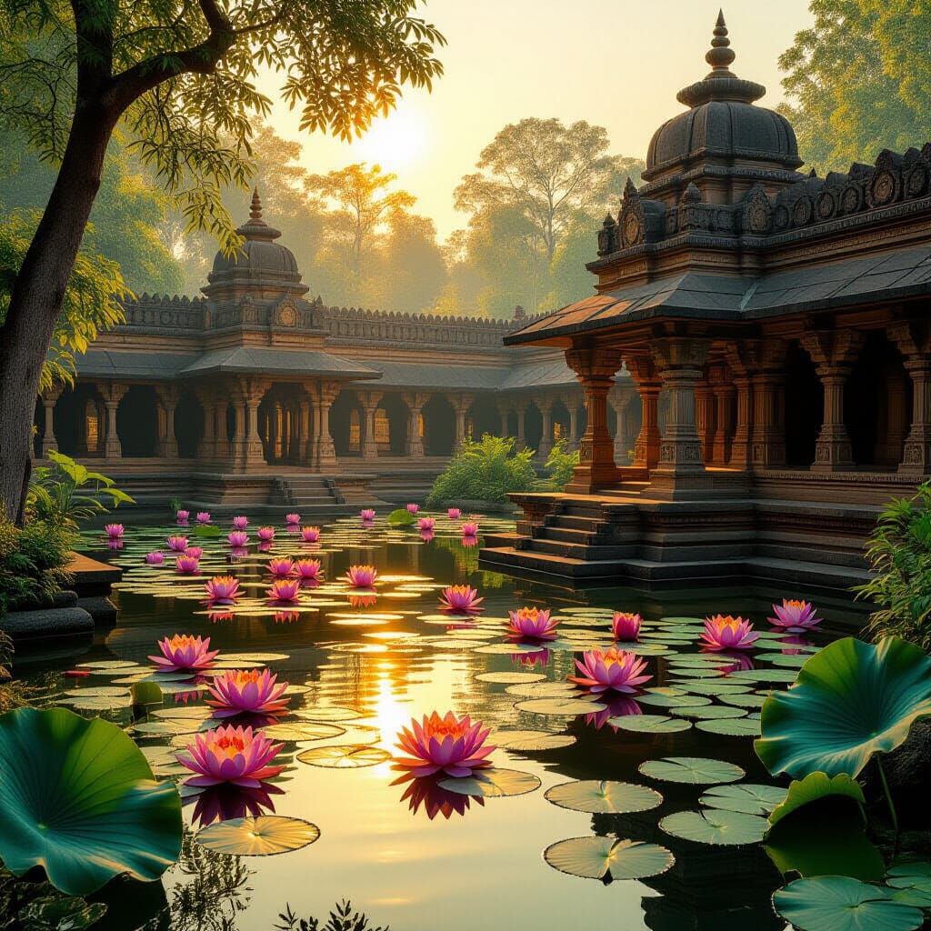 Lotus Pond in Ancient Indian Temple, Raja Ravi Varma Style