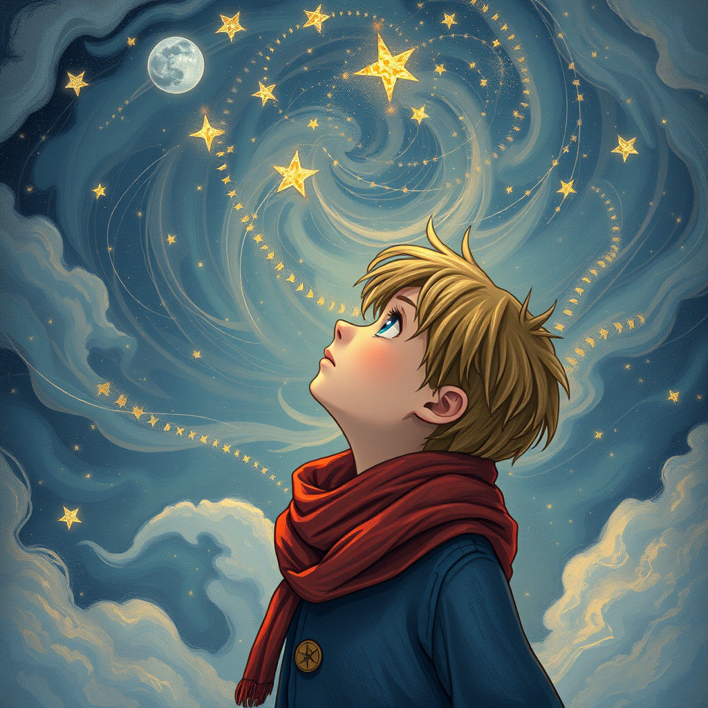 Little Prince Contemplating Celestial Tapestry: Ethereal Art