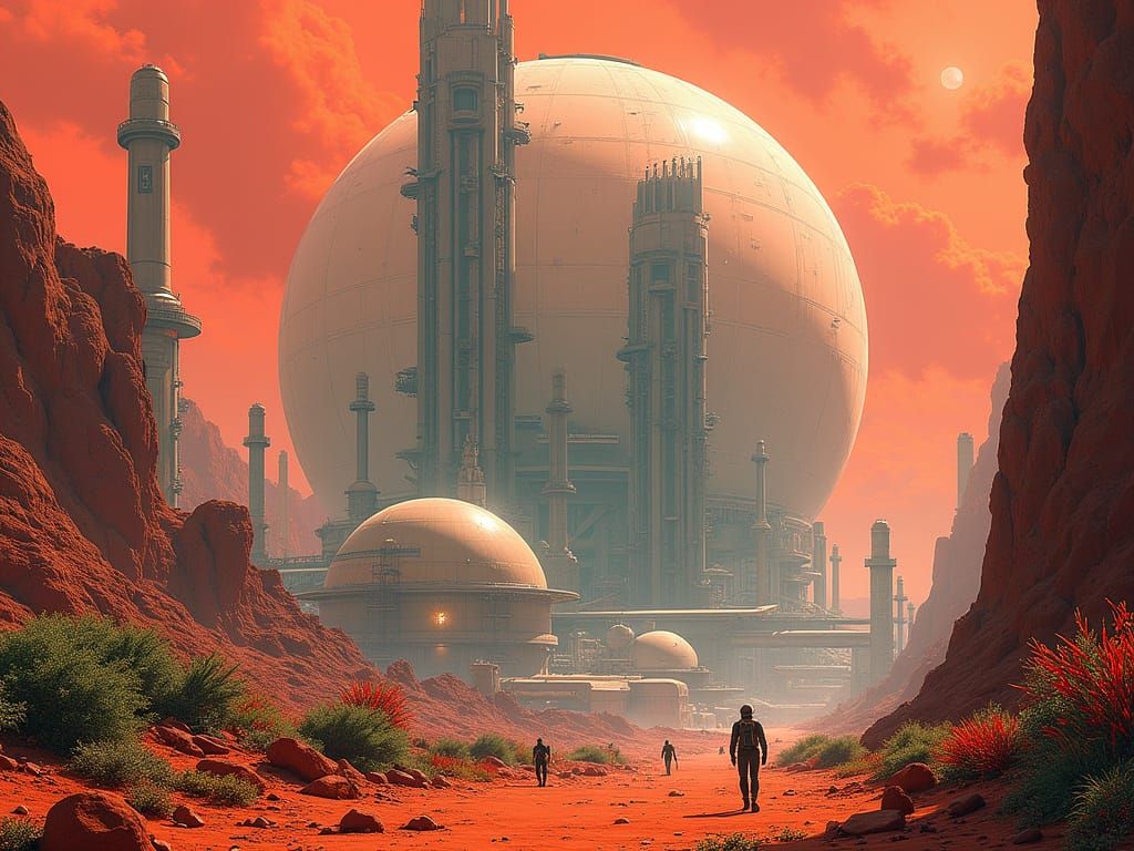Bustling Martian City Under Dome with Oxygen Plant