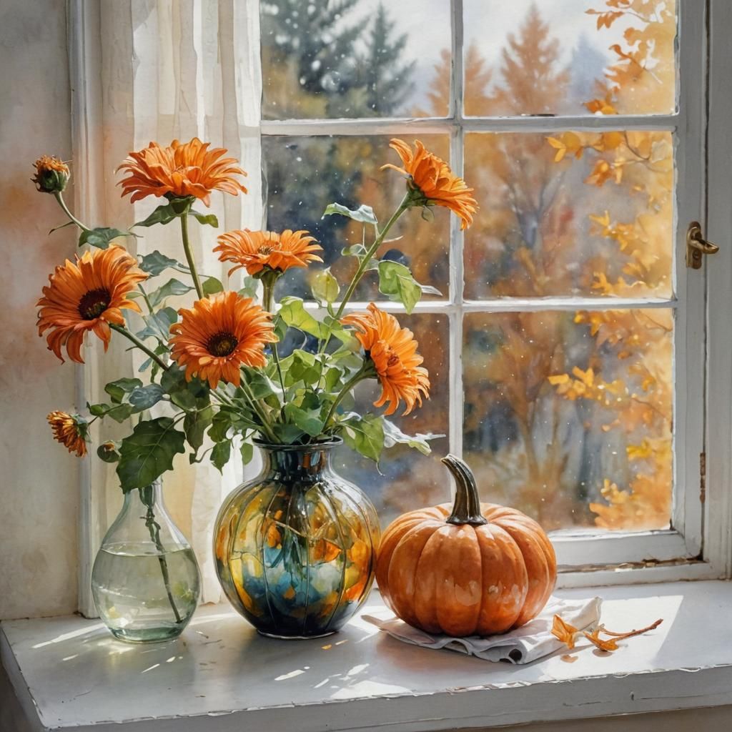Autumn Pumpkin Still Life in Watercolor and Ink