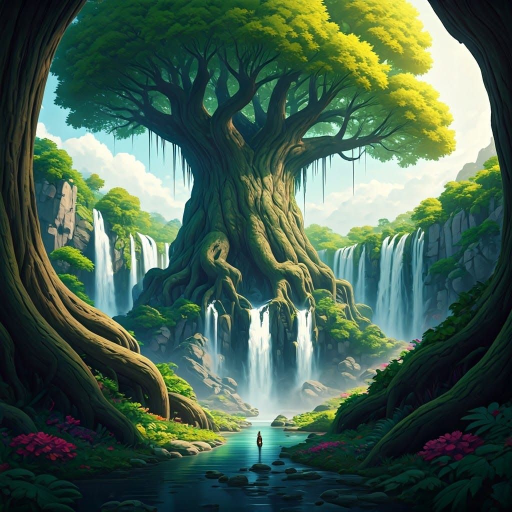 Lush Fantasy Jungle with Giant Trees and Waterfall