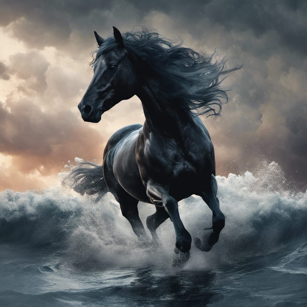 Black Horse and Wave Double Exposure Art