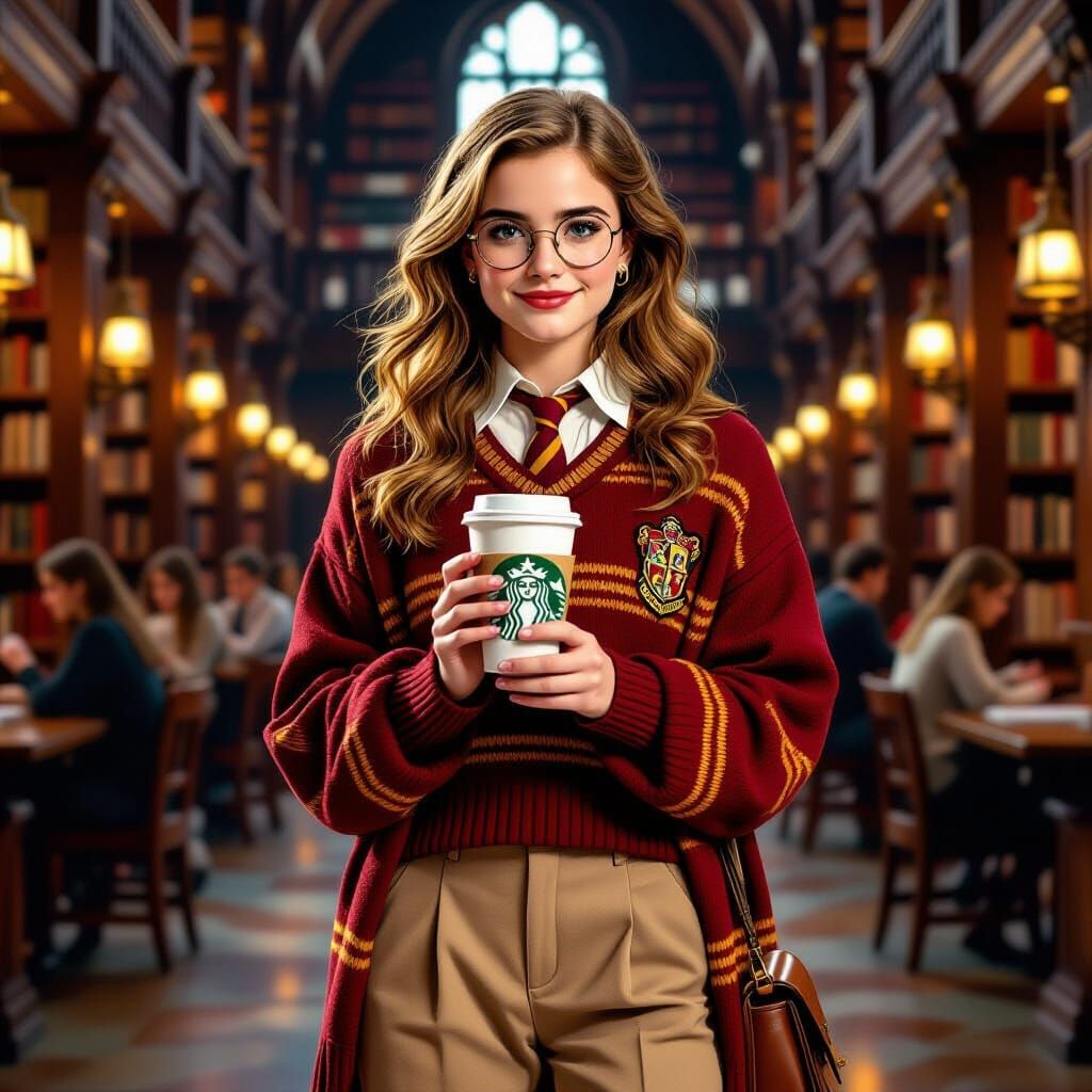 Hermione Granger in Oxford Library, Whimsical Illustration