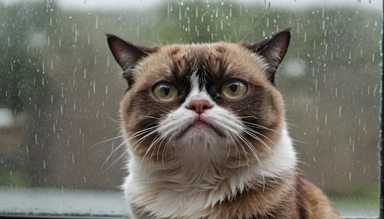 Grumpy Cat Gazing out Rainy Window